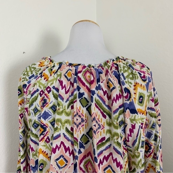 Beach lunch lounge Colorful Ikat Popover V Neck Blouse Size M - Picture 16 of 16